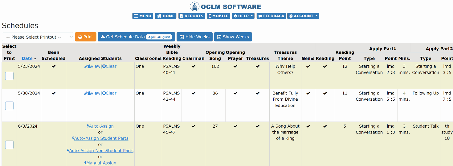 OCLM Schedules Page demonstrating automated assignment features, schedule management, and digital communication tools for Life and Ministry meetings