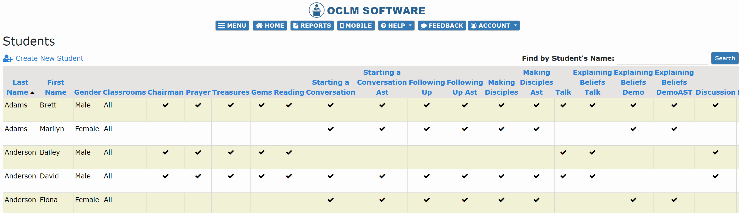 OCLM Students Management Page showing student profiles, editing capabilities, and assignment tracking for the Life and Ministry meetings