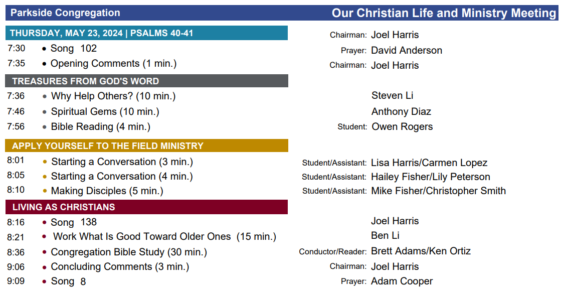 OCLM Schedule Printout example showing high quality professional formatting for the Life and Ministry meeting information board