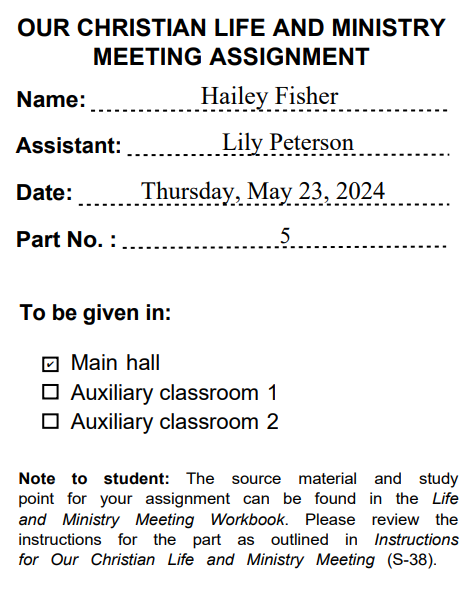 OCLM Student Assignment Slip example showing detailed assignment information for Life and Ministry meeting parts