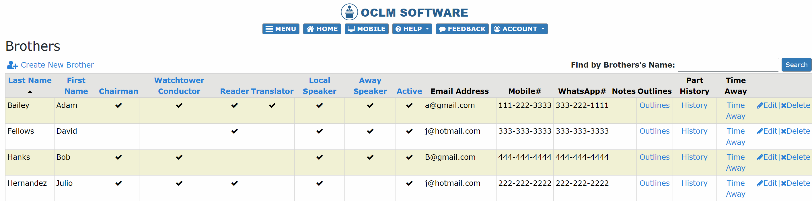 OCLM Weekend Brothers Management Page showing comprehensive speaker profiles, talk history tracking, and contact information for local and visiting speakers
